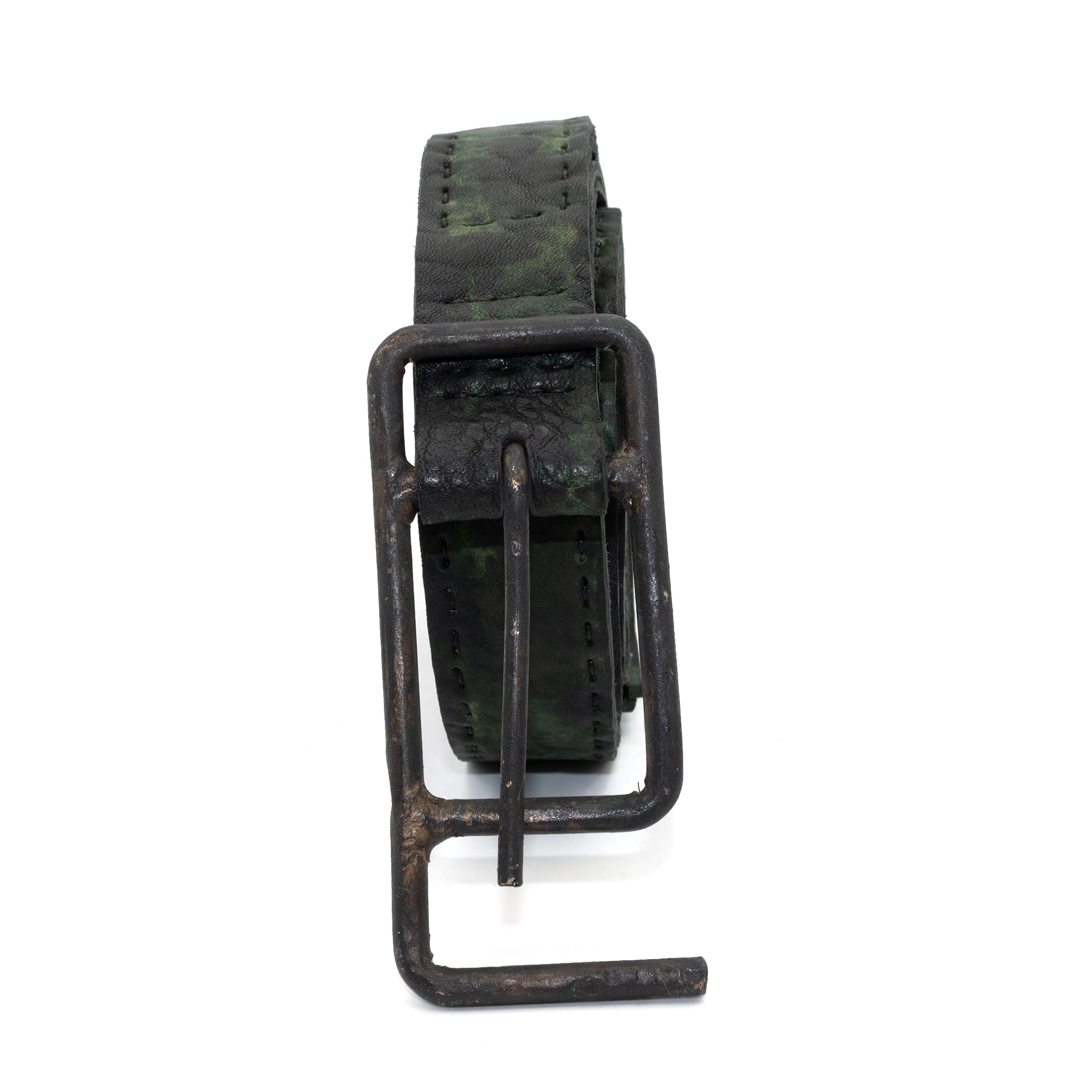 double layered full grain horse leather belt with a hand forged burnt bronze buckle, and a unique absinthe dyed treatment. expertly hand sewn by independent UK based designer atelier SKN.
