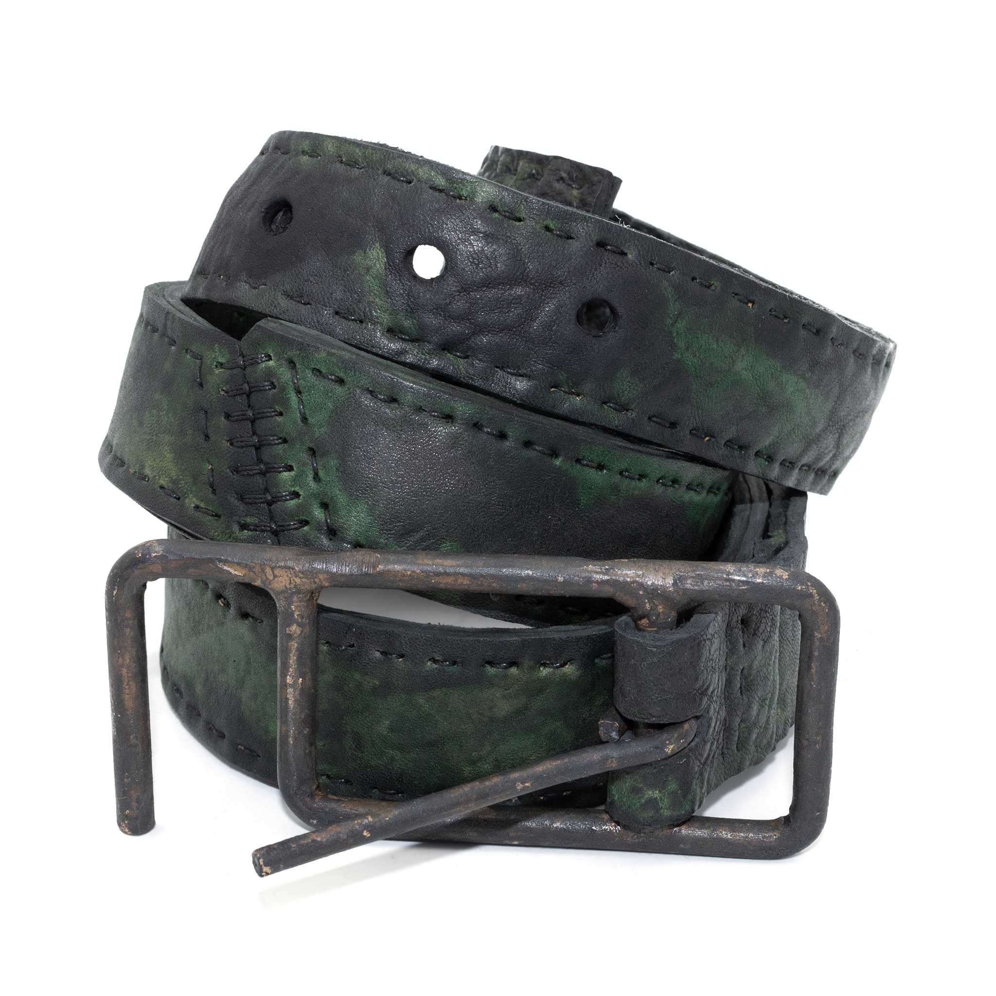 double layered full grain horse leather belt with a hand forged burnt bronze buckle, and a unique absinthe dyed treatment. expertly hand sewn by independent UK based designer atelier SKN.