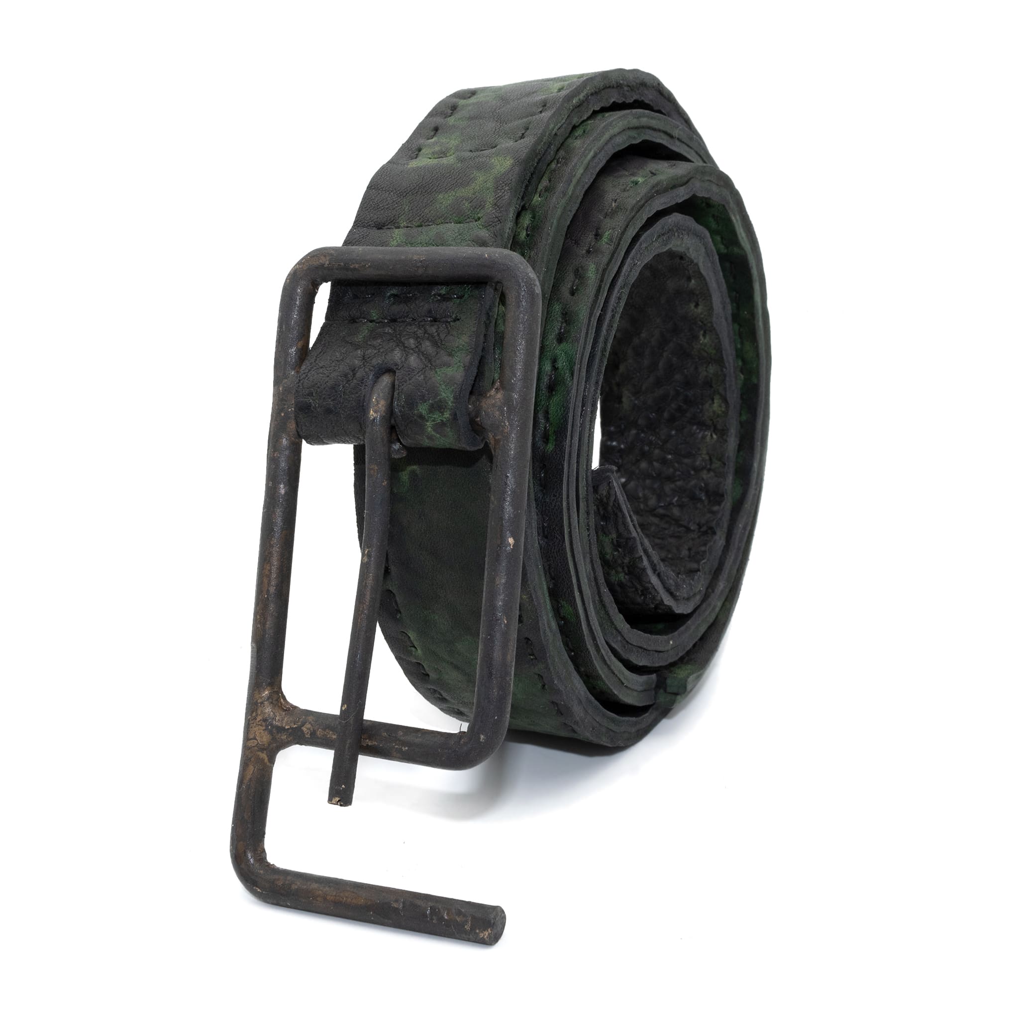 double layered full grain horse leather belt with a hand forged burnt bronze buckle, and a unique absinthe dyed treatment. expertly hand sewn by independent UK based designer atelier SKN.