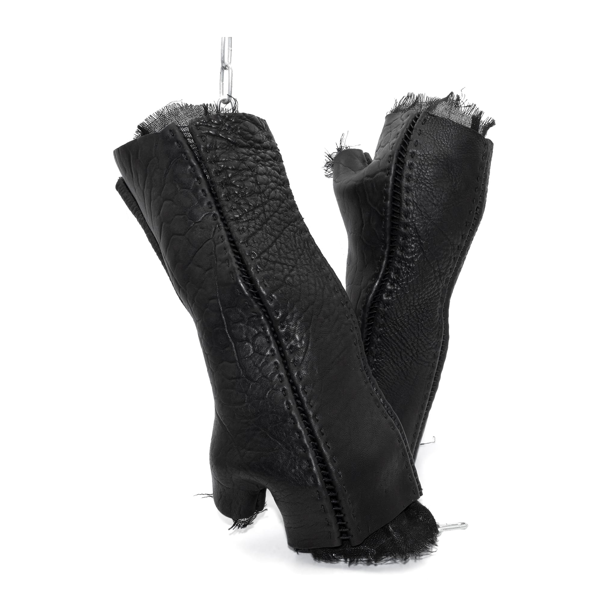 hand stitched over a 40hr period the washed culatta leather gloves feature deconstructed open seam panels, and a stone washed ramie lining. wet moulded on the body over an 8 hour period for a sculptured aesthetic. the gloves are available to buy online from avant garde leather studio atelierskn.com