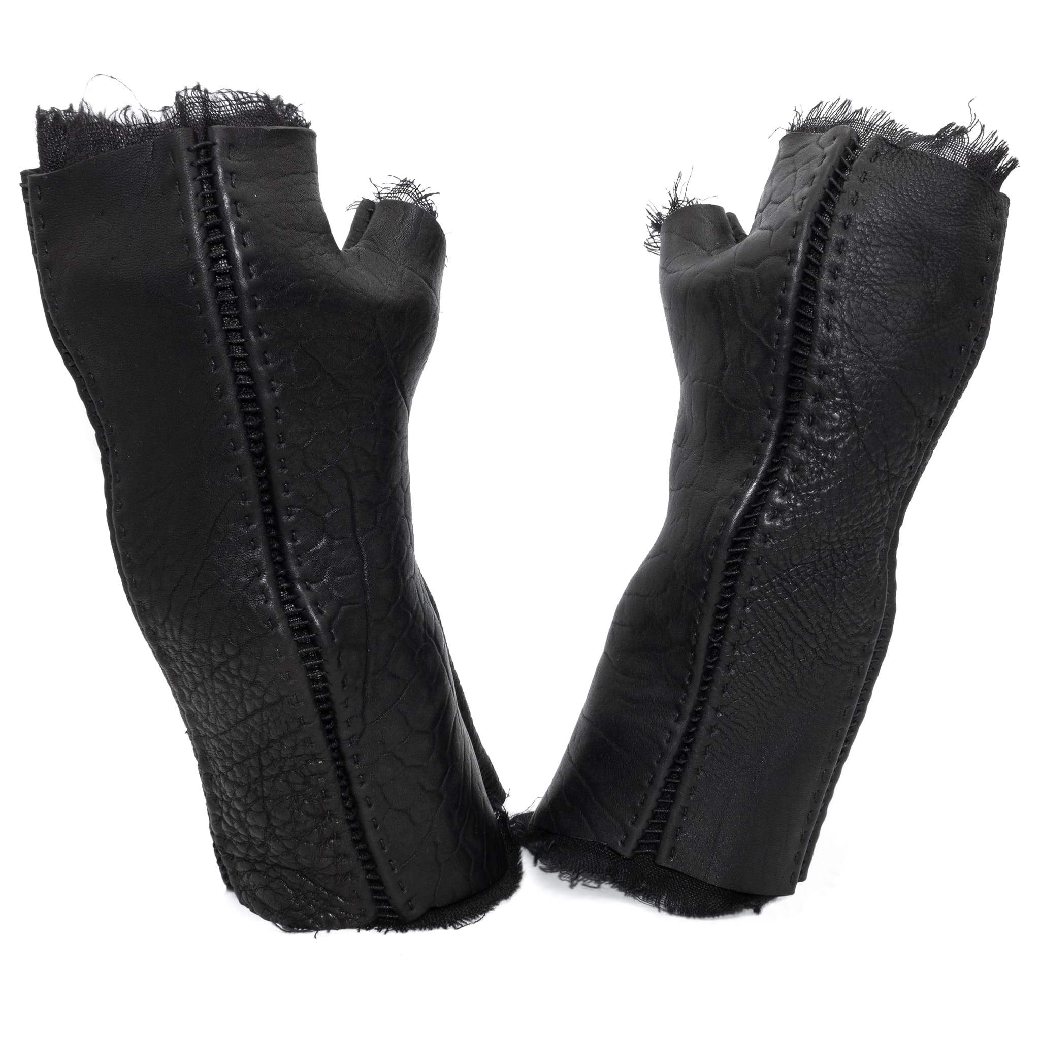 hand stitched over a 40hr period the washed culatta leather gloves feature deconstructed open seam panels, and a stone washed ramie lining. wet moulded on the body over an 8 hour period for a sculptured aesthetic. the gloves are available to buy online from avant garde leather studio atelierskn.com