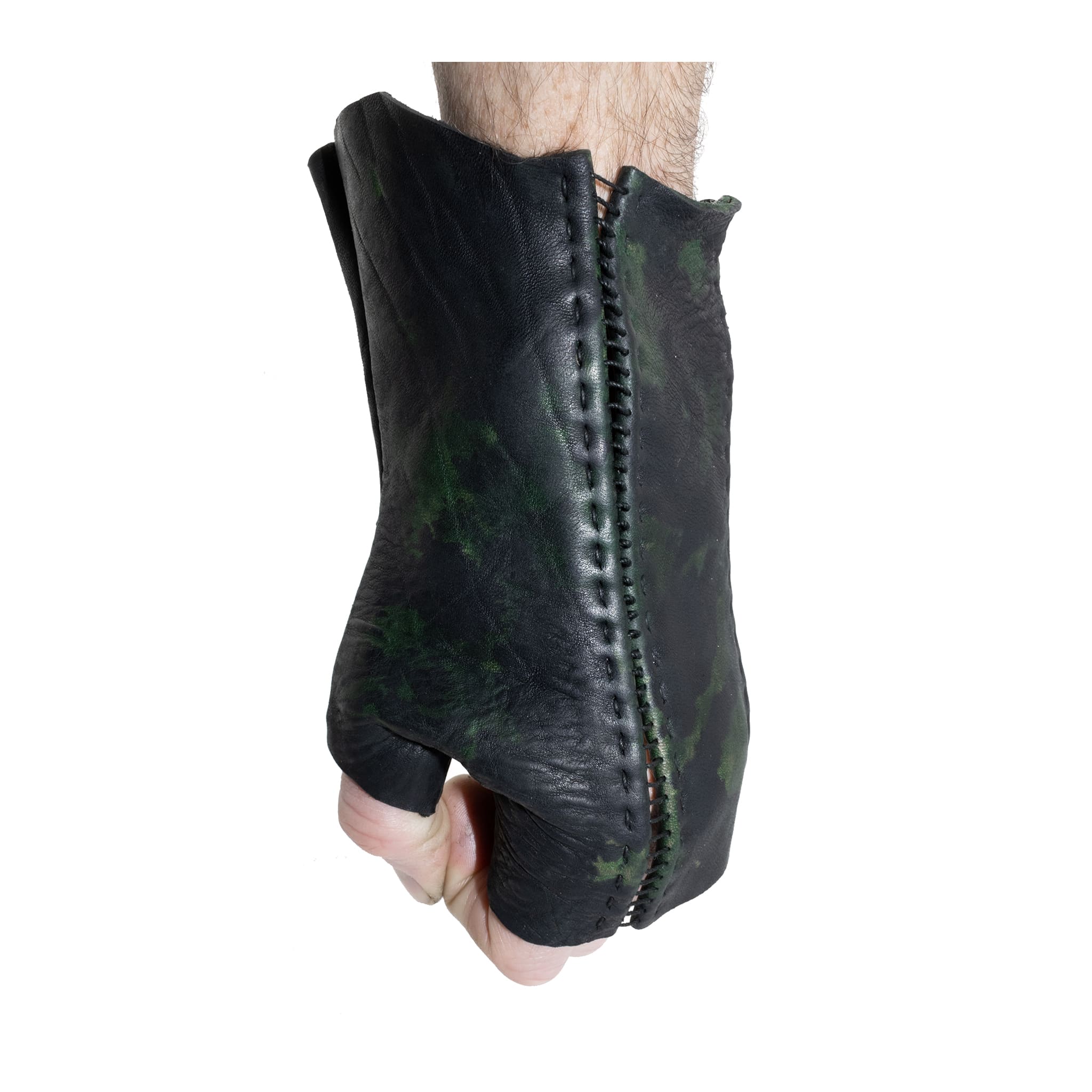 hand stitched over a 35hr period the washed horse culatta leather gloves feature deconstructed open seam panels, and a multiple layer absinthe dye treatment. the gloves are available to buy online from avant garde leather studio atelierskn.com