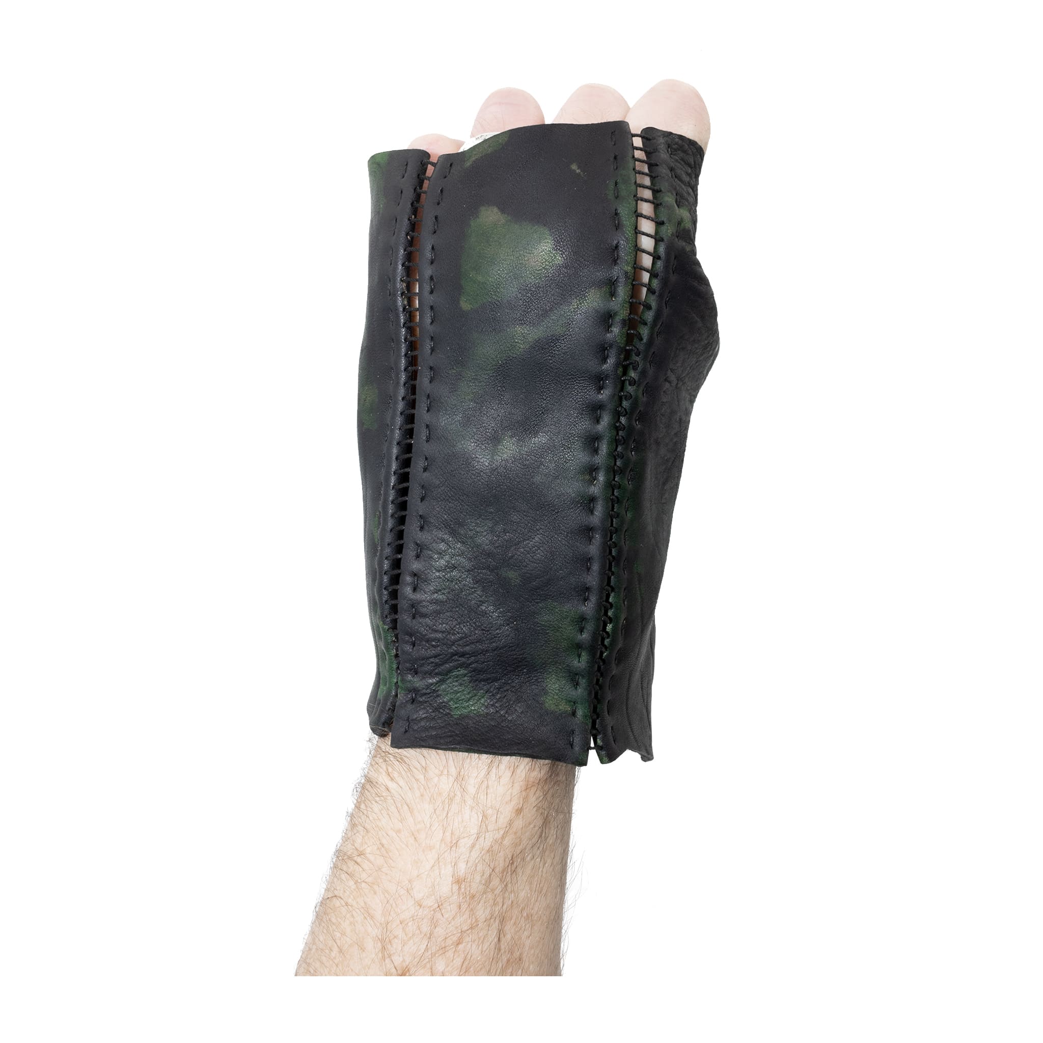 hand stitched over a 35hr period the washed horse culatta leather gloves feature deconstructed open seam panels, and a multiple layer absinthe dye treatment. the gloves are available to buy online from avant garde leather studio atelierskn.com