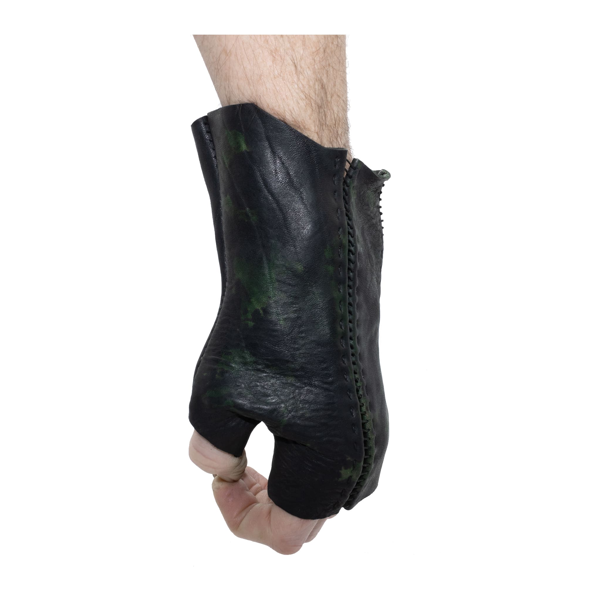 hand stitched over a 35hr period the washed horse culatta leather gloves feature deconstructed open seam panels, and a multiple layer absinthe dye treatment. the gloves are available to buy online from avant garde leather studio atelierskn.com