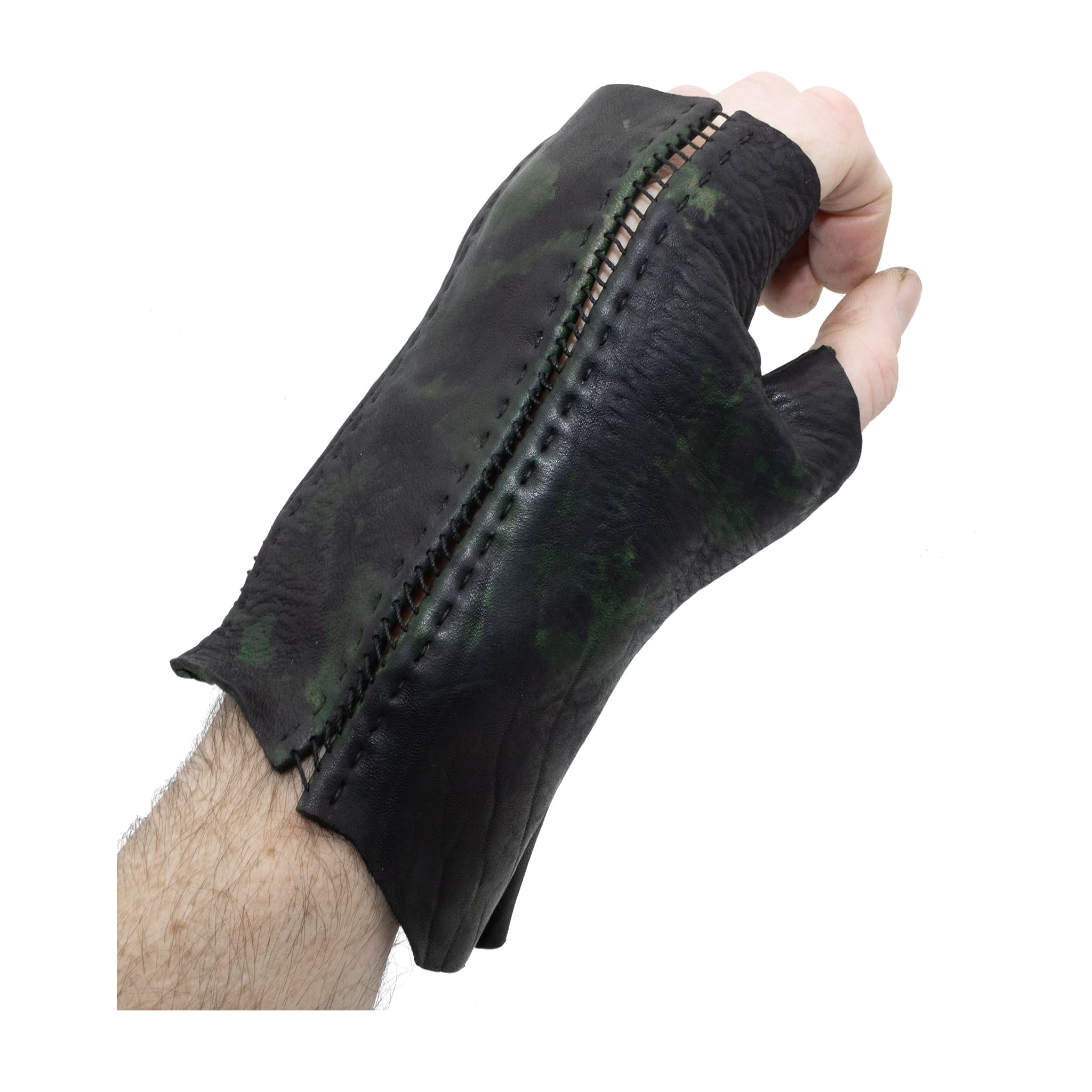 hand stitched over a 35hr period the washed horse culatta leather gloves feature deconstructed open seam panels, and a multiple layer absinthe dye treatment. the gloves are available to buy online from avant garde leather studio atelierskn.com