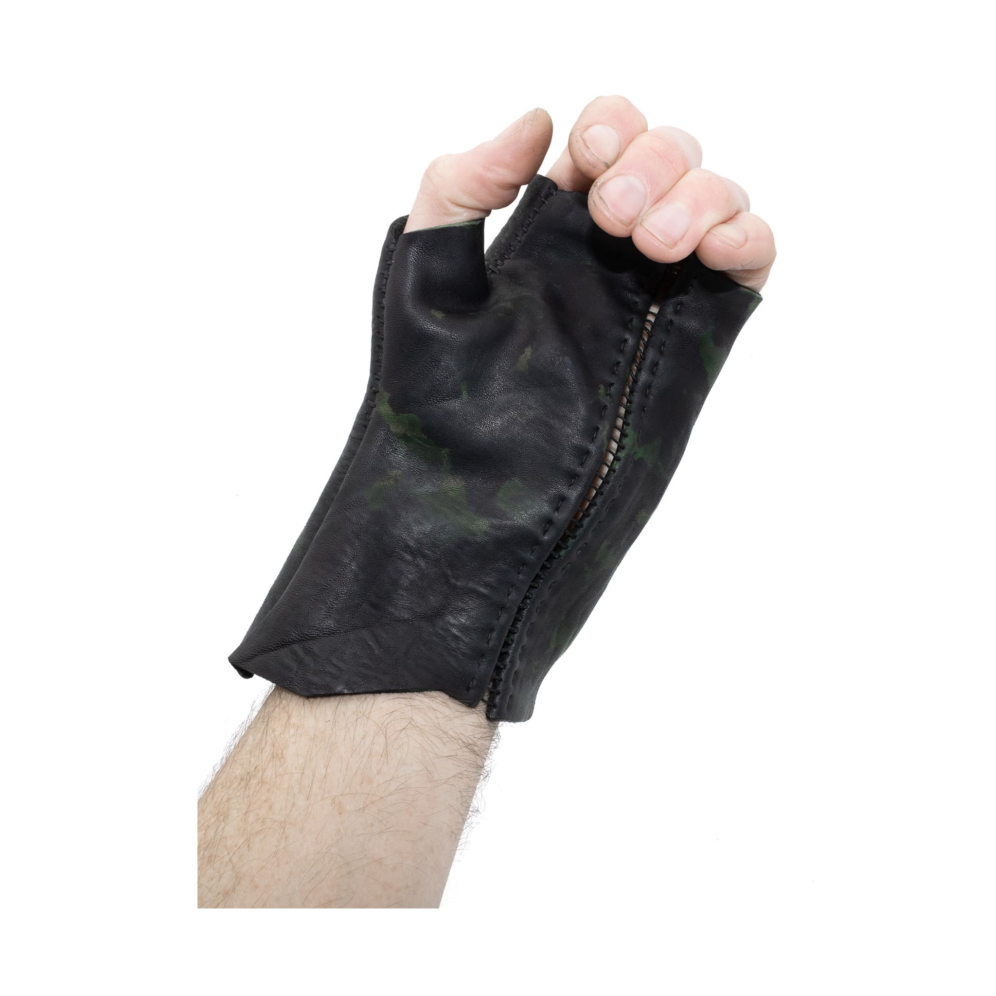 hand stitched over a 35hr period the washed horse culatta leather gloves feature deconstructed open seam panels, and a multiple layer absinthe dye treatment. the gloves are available to buy online from avant garde leather studio atelierskn.com