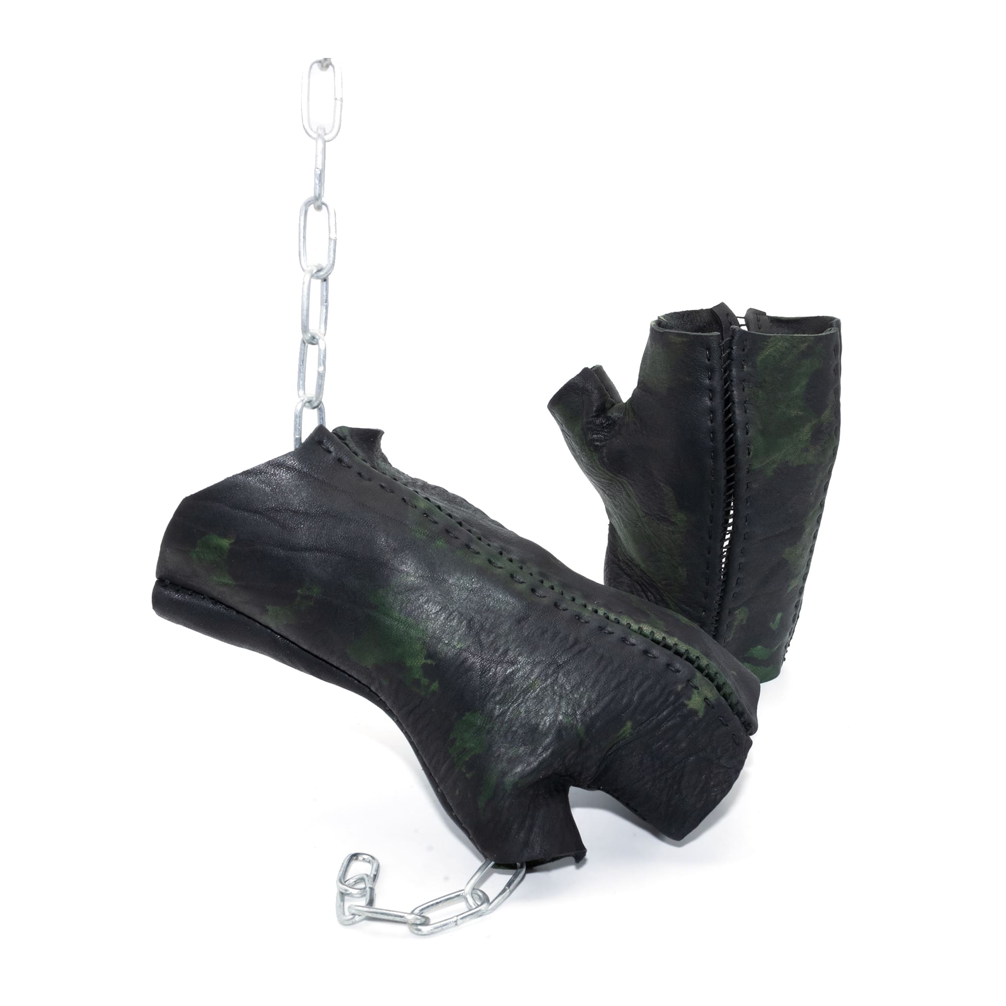hand stitched over a 35hr period the washed horse culatta leather gloves feature deconstructed open seam panels, and a multiple layer absinthe dye treatment. the gloves are available to buy online from avant garde leather studio atelierskn.com