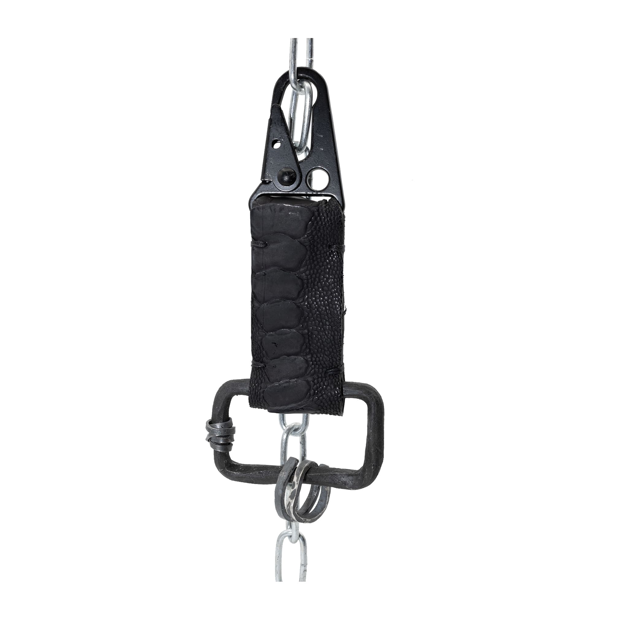the hand sewn ostrich leather keychain features a flat matte black dye treatment and a distressed military sling clip. a hand forged black iron ring holds the oxidised .925 silver key ring. Buy online from avant garde leather studio atelier skn.