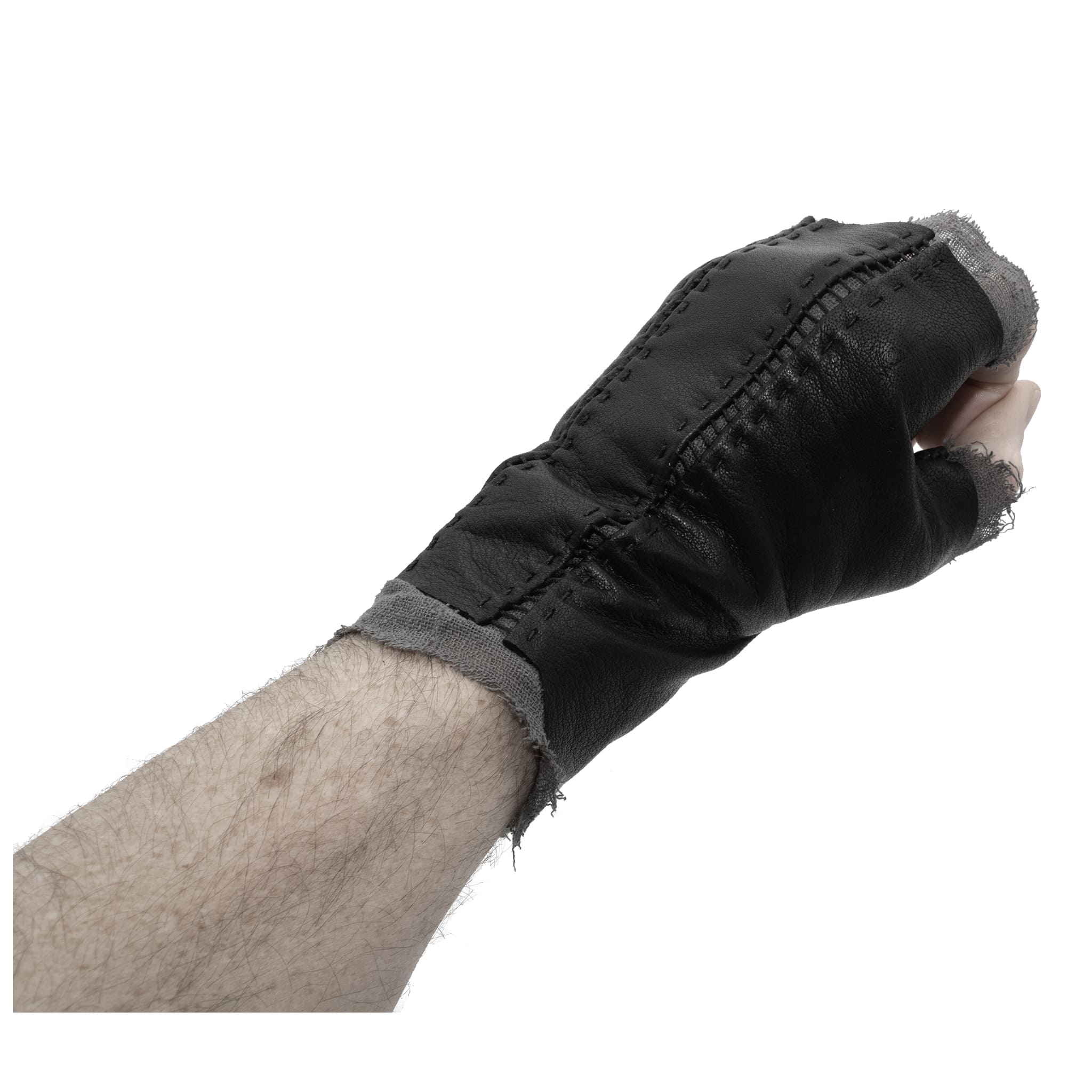 hand stitched over a 35hr period the washed kangaroo leather gloves feature deconstructed open seam panels, and an object dyed raw silk floating lining. the gloves are available to buy online from avant garde leather studio atelierskn.com