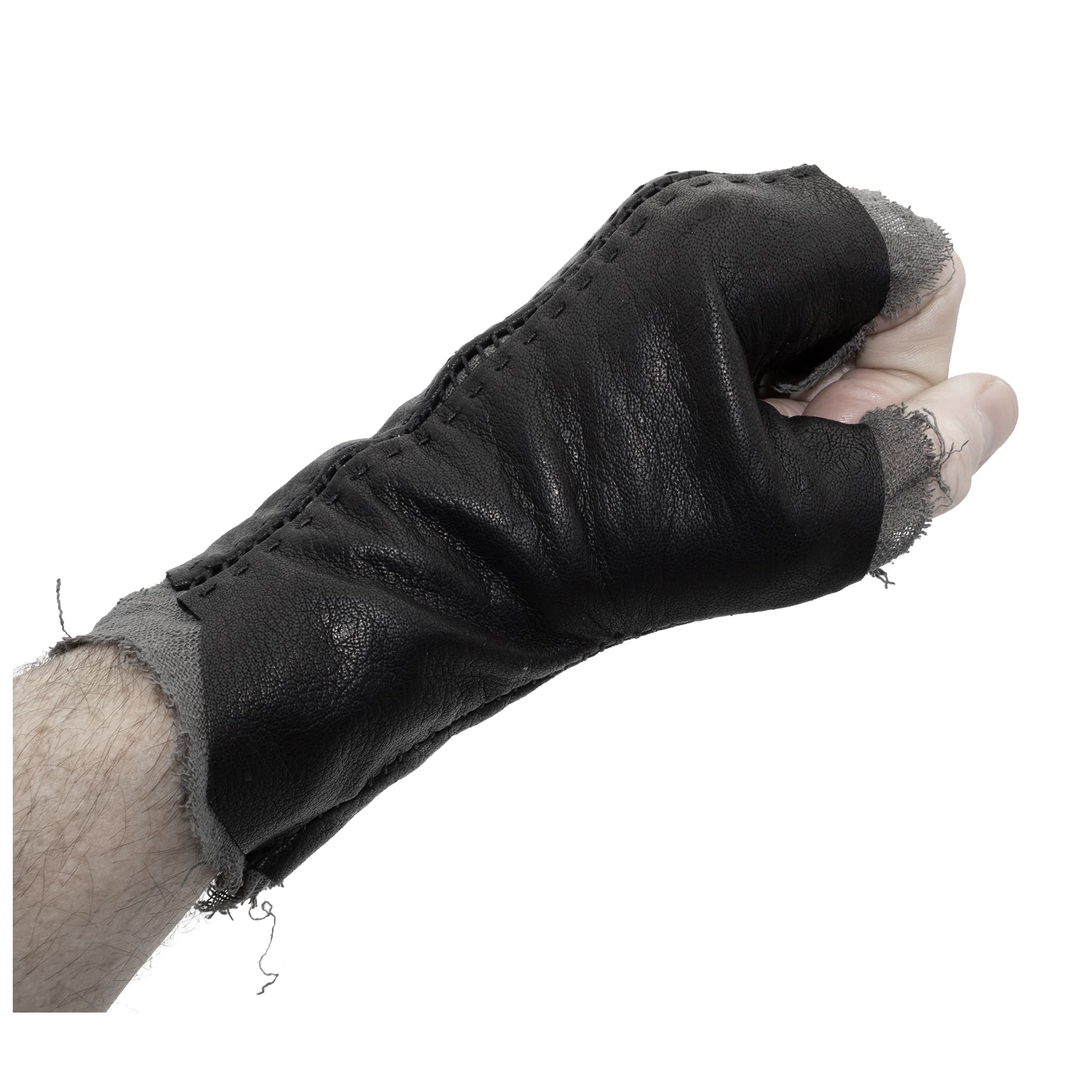 hand stitched over a 35hr period the washed kangaroo leather gloves feature deconstructed open seam panels, and an object dyed raw silk floating lining. the gloves are available to buy online from avant garde leather studio atelierskn.com