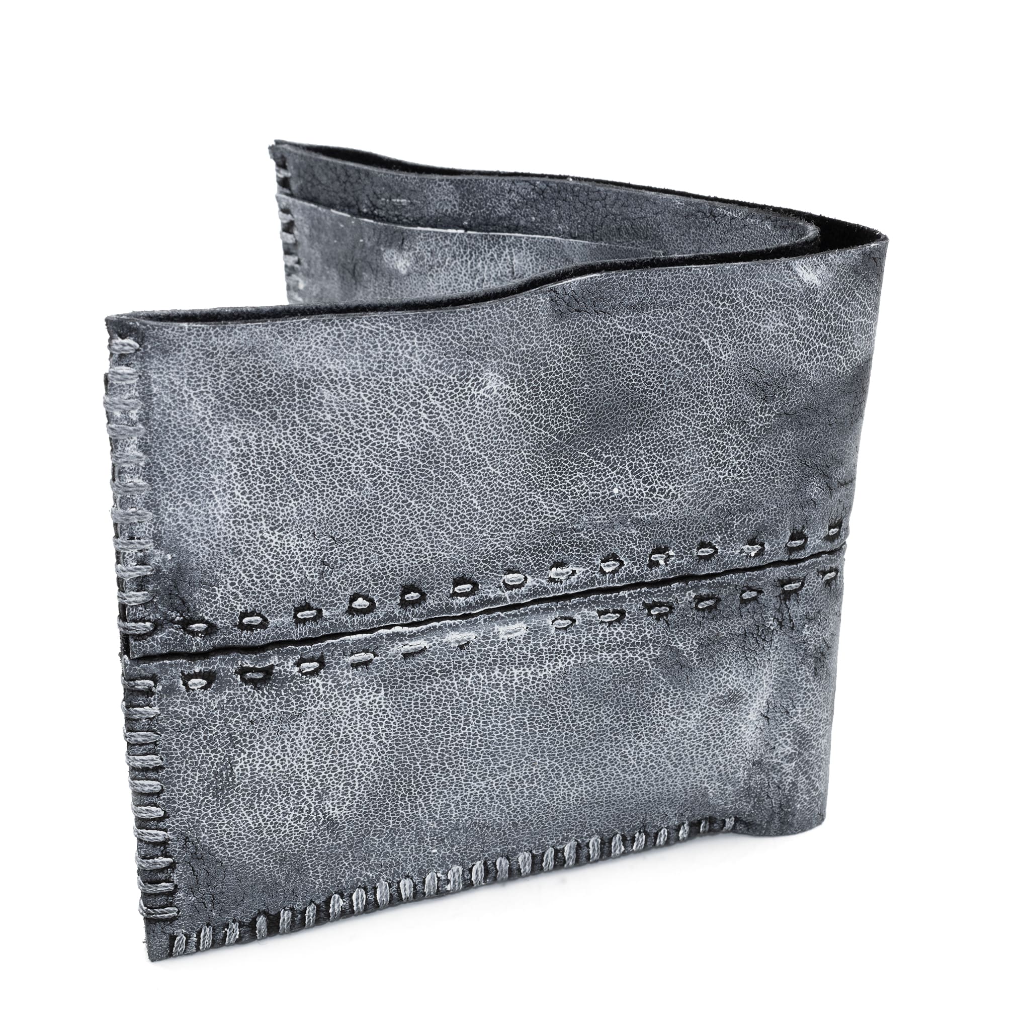 a closed seam 6 pocket bifold wallet crafted from a supple matte black kangaroo leather with a contrasting pigmented wax finish available to buy online from artisanal leather studio atelierskn.com