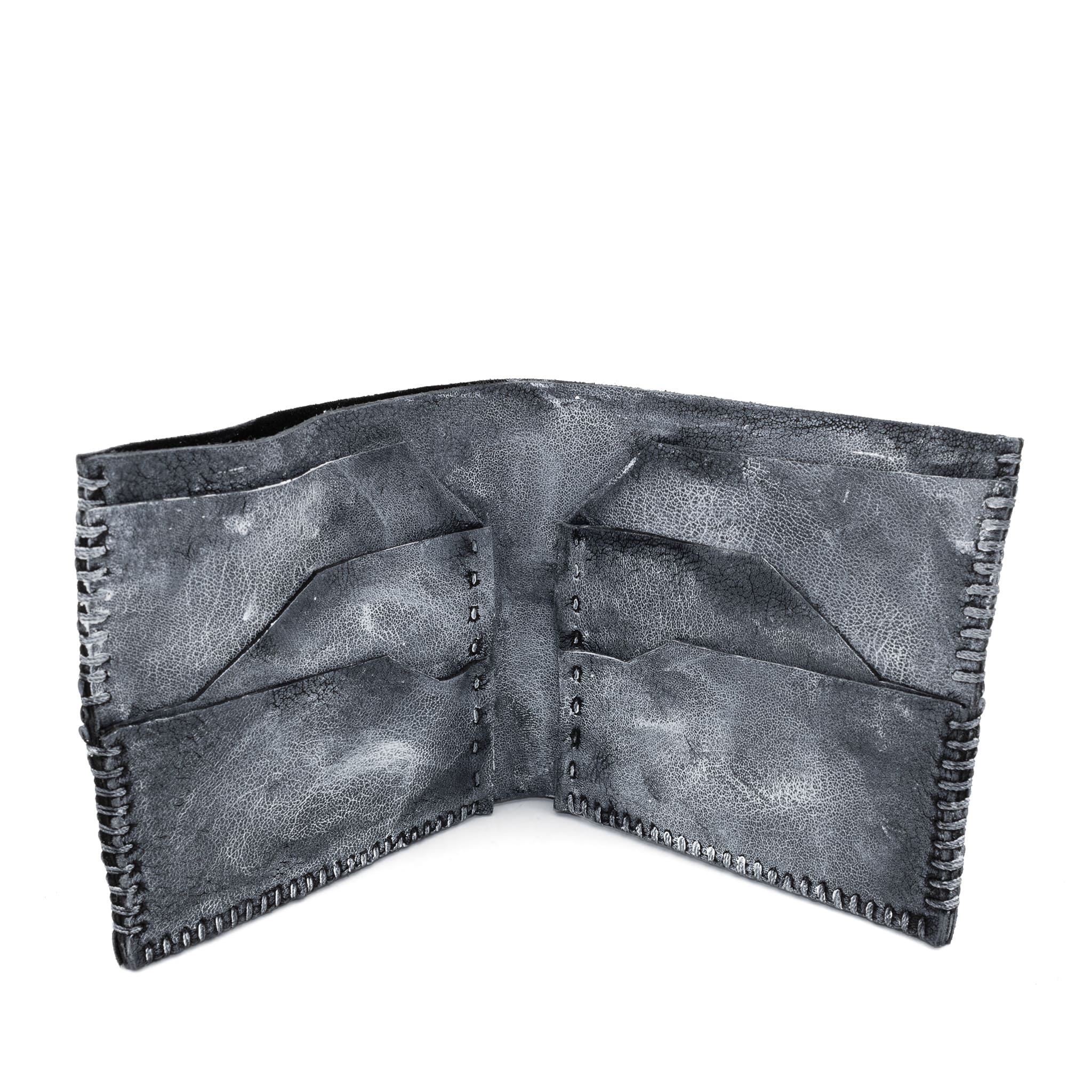 a closed seam 6 pocket bifold wallet crafted from a supple matte black kangaroo leather with a contrasting pigmented wax finish available to buy online from artisanal leather studio atelierskn.com