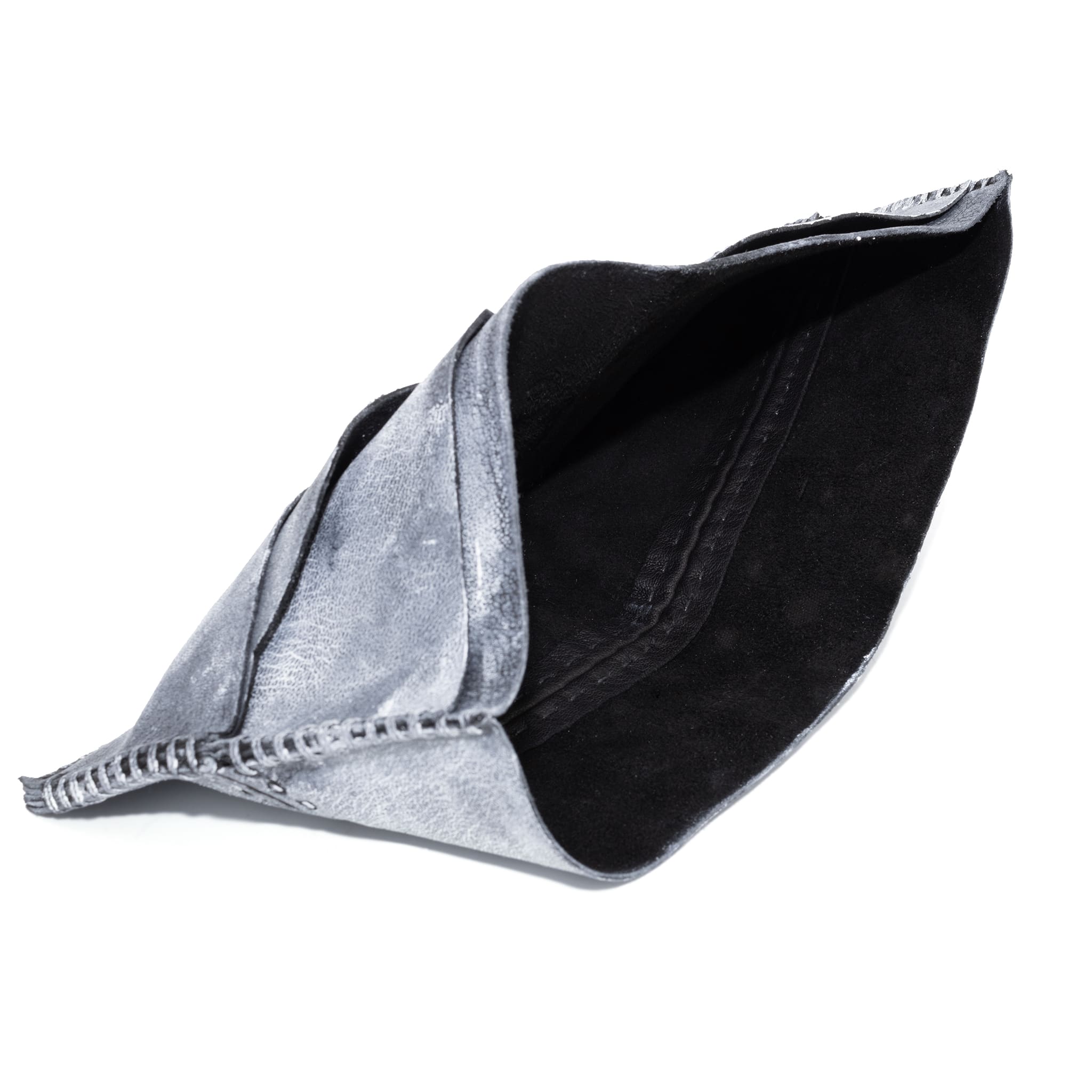 a closed seam 6 pocket bifold wallet crafted from a supple matte black kangaroo leather with a contrasting pigmented wax finish available to buy online from artisanal leather studio atelierskn.com
