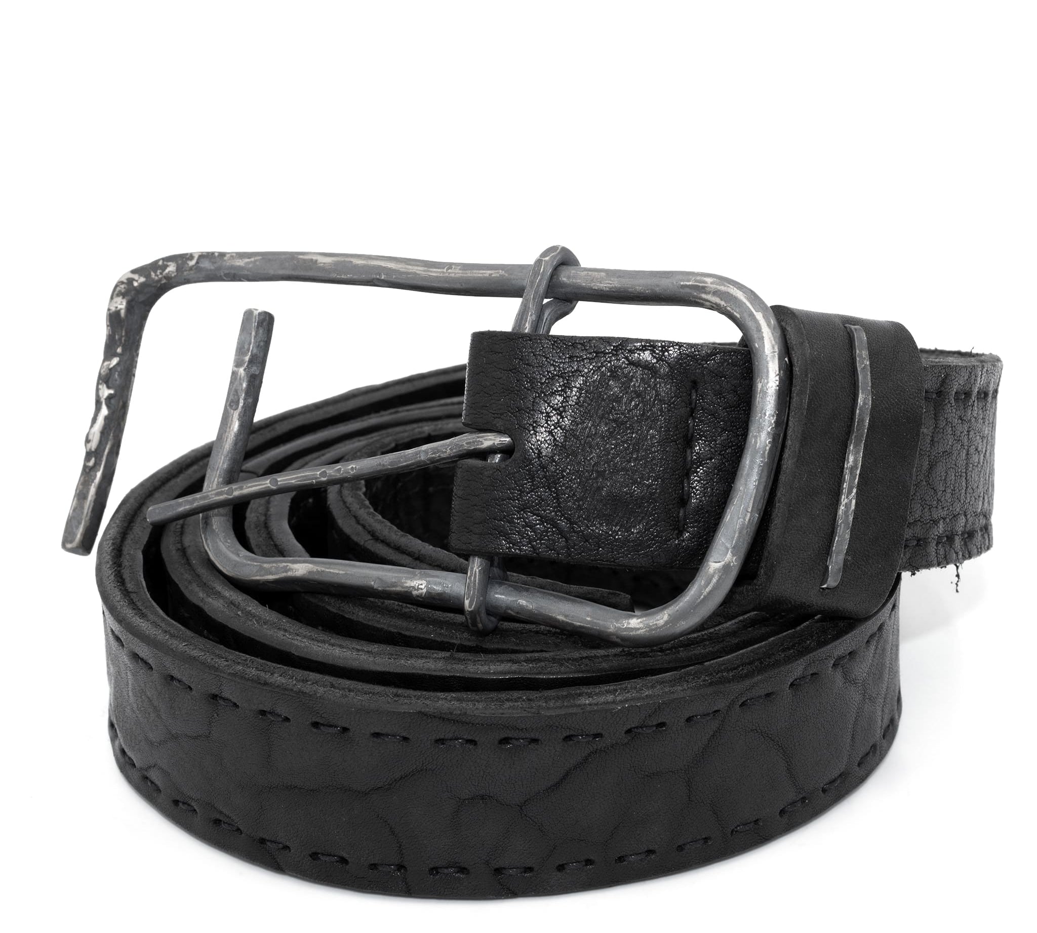 double layered matte black full grain horse leather belt with a hand forged oxidised .925 sterling silver buckle, expertly hand sewn by independent UK based designer atelier SKN.