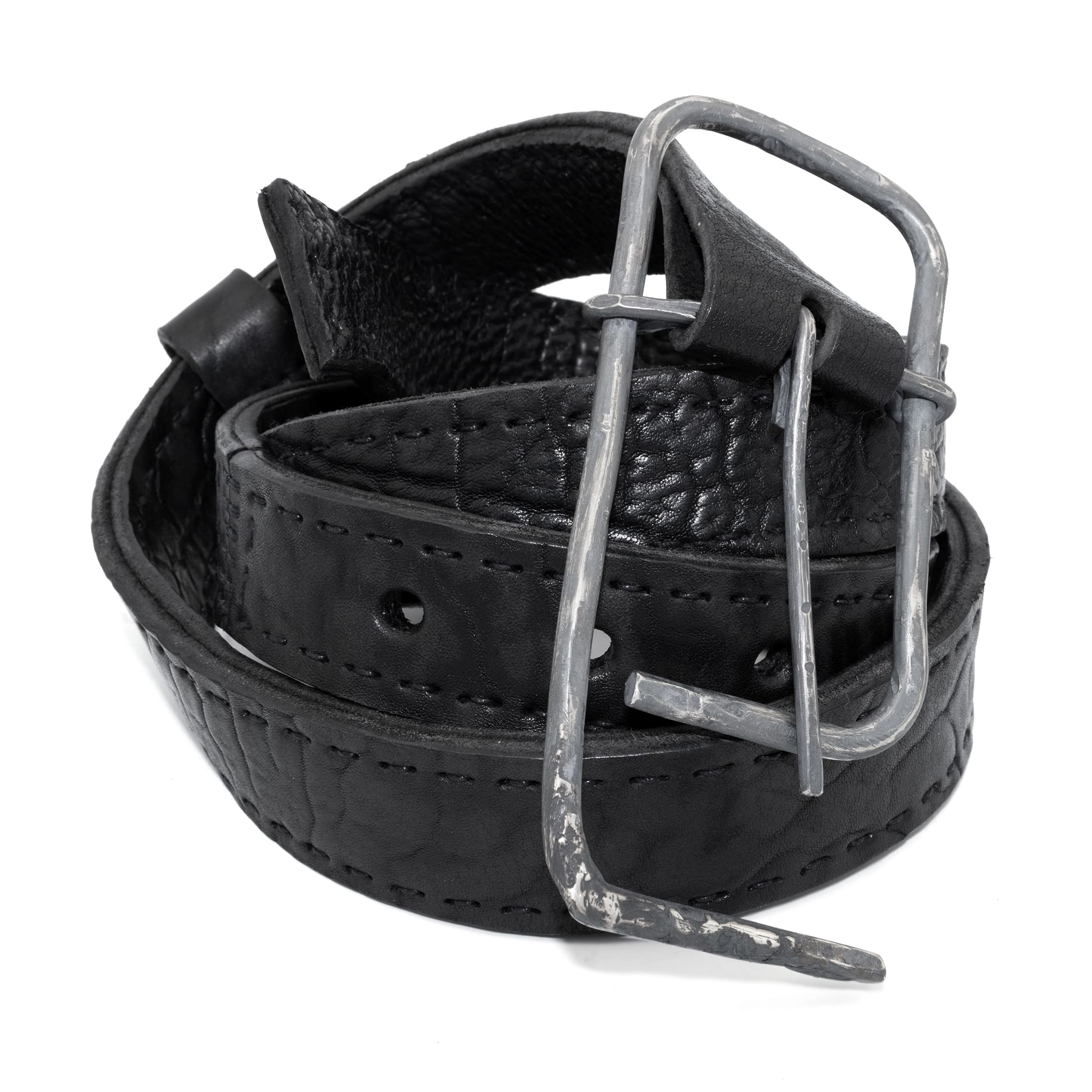 double layered matte black full grain horse leather belt with a hand forged oxidised .925 sterling silver buckle, expertly hand sewn by independent UK based designer atelier SKN.