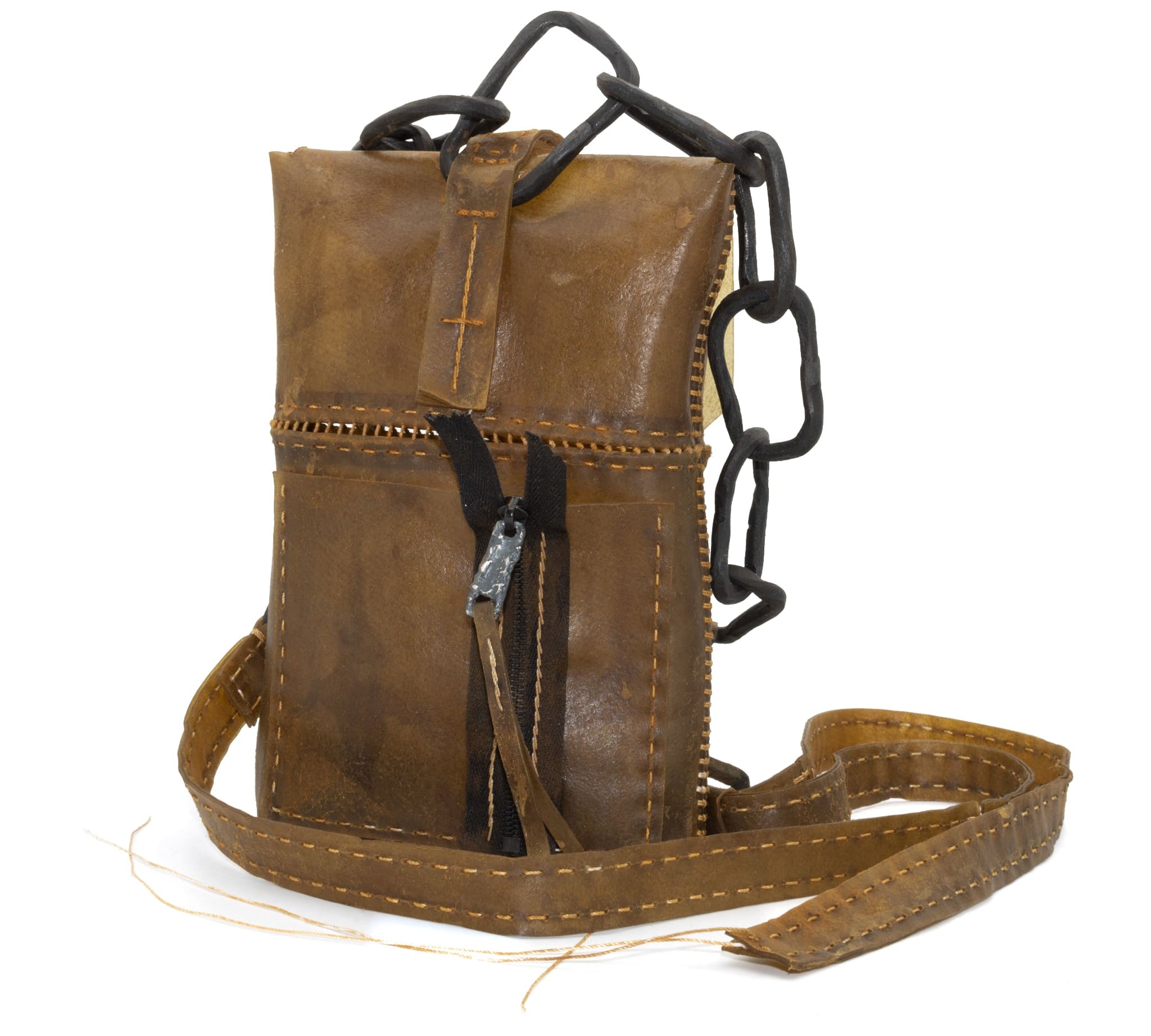 medium-sized transparent natural horse leather open seam cross body bag with a forged-iron chain link strap and zipper pocket on the back, completely handmade in the UK by atelier SKN