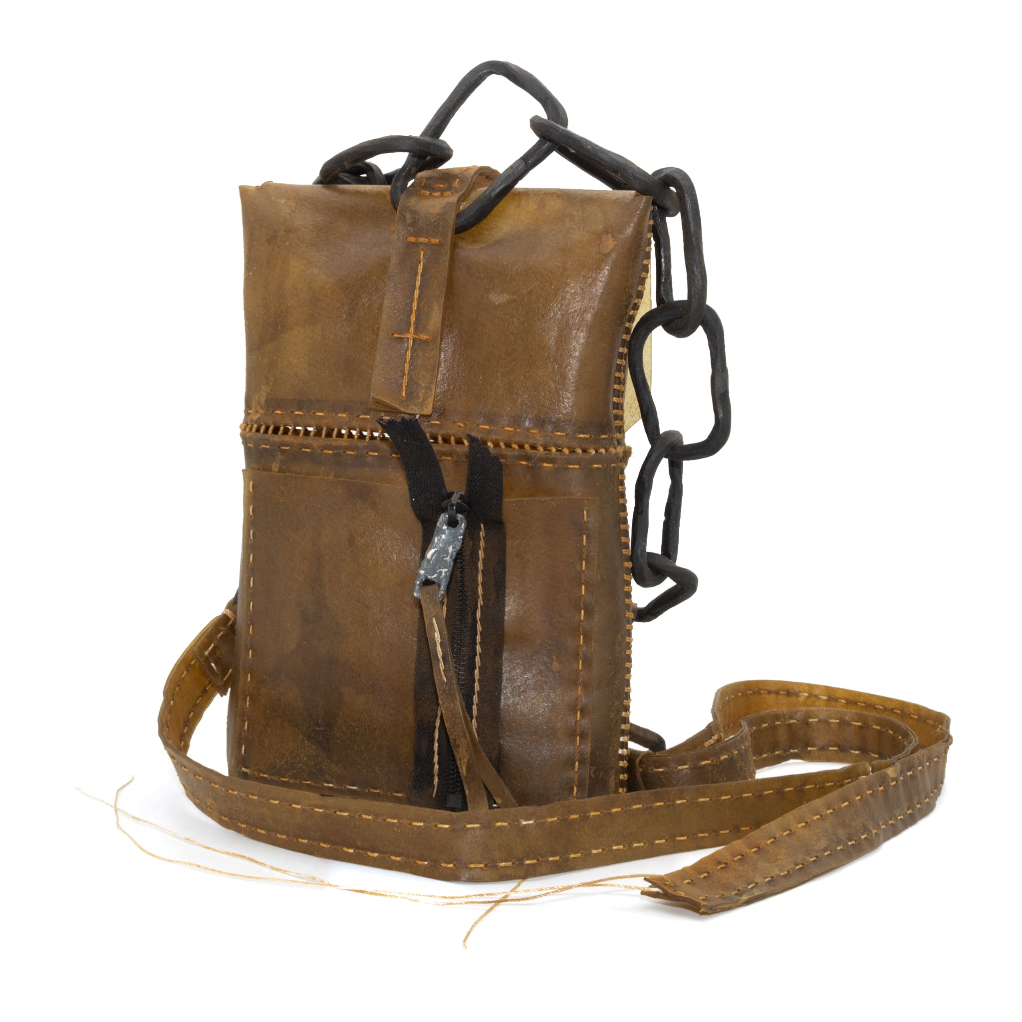 medium-sized transparent natural horse leather open seam cross body bag with a forged-iron chain link strap and zipper pocket on the back, completely handmade in the UK by atelier SKN