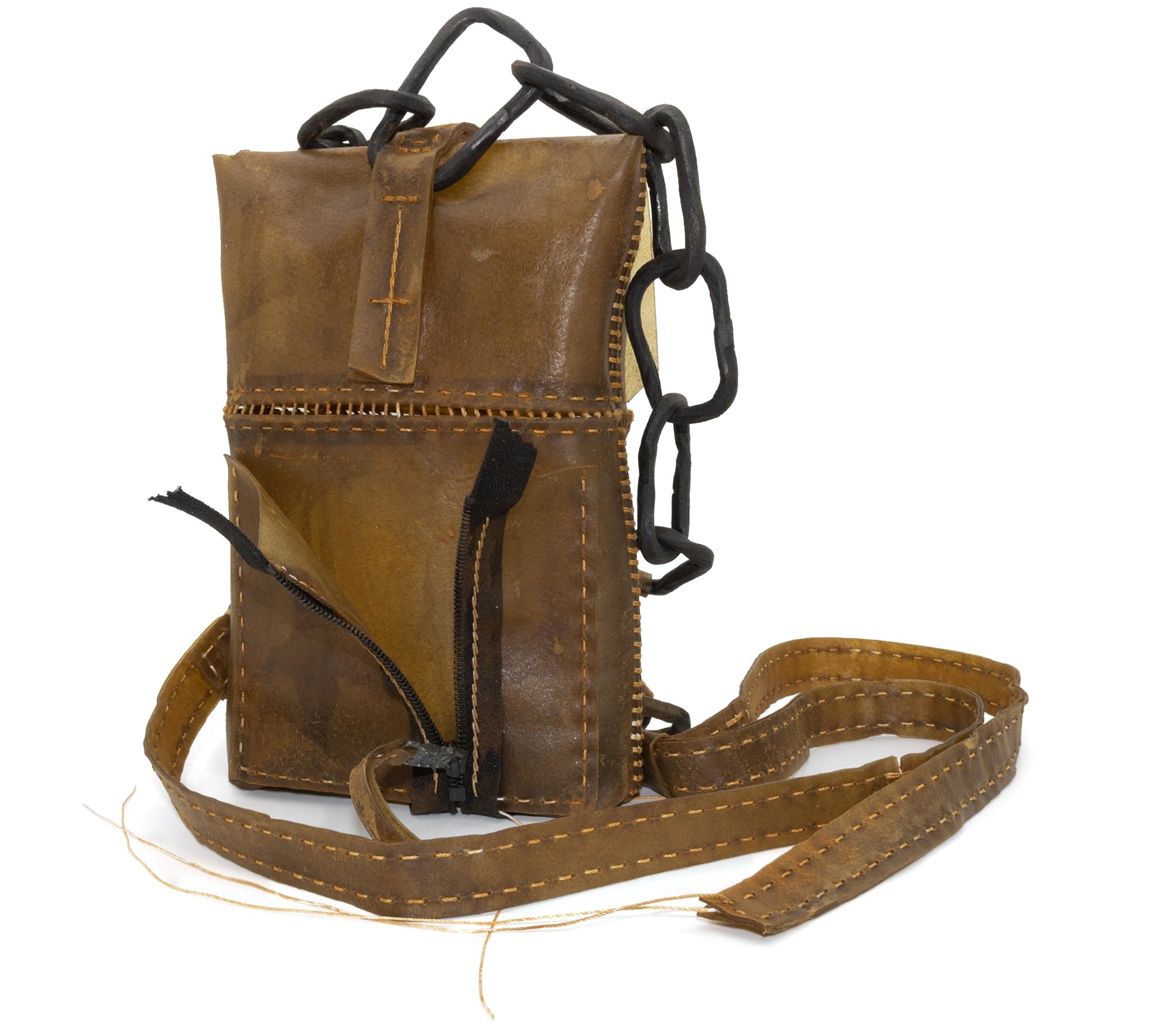 medium-sized transparent natural horse leather open seam cross body bag with a forged-iron chain link strap and zipper pocket on the back, completely handmade in the UK by atelier SKN