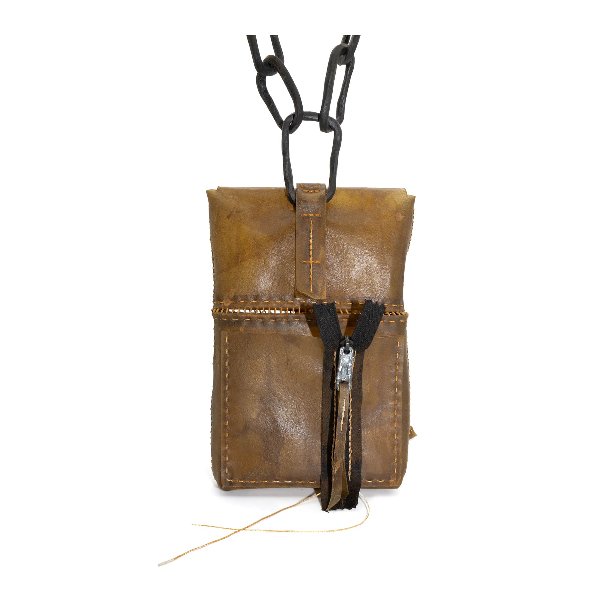 medium-sized transparent natural horse leather open seam cross body bag with a forged-iron chain link strap and zipper pocket on the back, completely handmade in the UK by atelier SKN