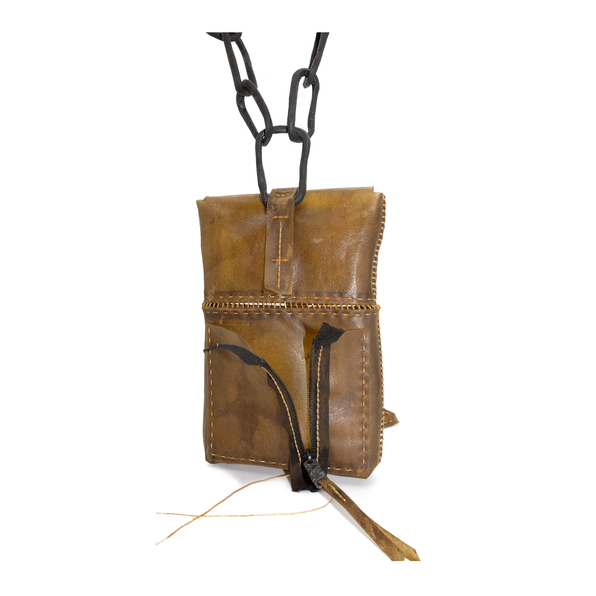 medium-sized transparent natural horse leather open seam cross body bag with a forged-iron chain link strap and zipper pocket on the back, completely handmade in the UK by atelier SKN