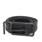 double layered full grain horse leather belt with a hand forged burnt bronze buckle, and a unique absinthe dyed treatment. expertly hand sewn by independent UK based designer atelier SKN.