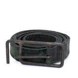 double layered full grain horse leather belt with a hand forged burnt bronze buckle, and a unique absinthe dyed treatment. expertly hand sewn by independent UK based designer atelier SKN.