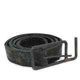 double layered full grain horse leather belt with a hand forged burnt bronze buckle, and a unique absinthe dyed treatment. expertly hand sewn by independent UK based designer atelier SKN.