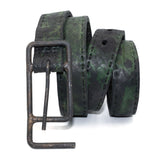 double layered full grain horse leather belt with a hand forged burnt bronze buckle, and a unique absinthe dyed treatment. expertly hand sewn by independent UK based designer atelier SKN.