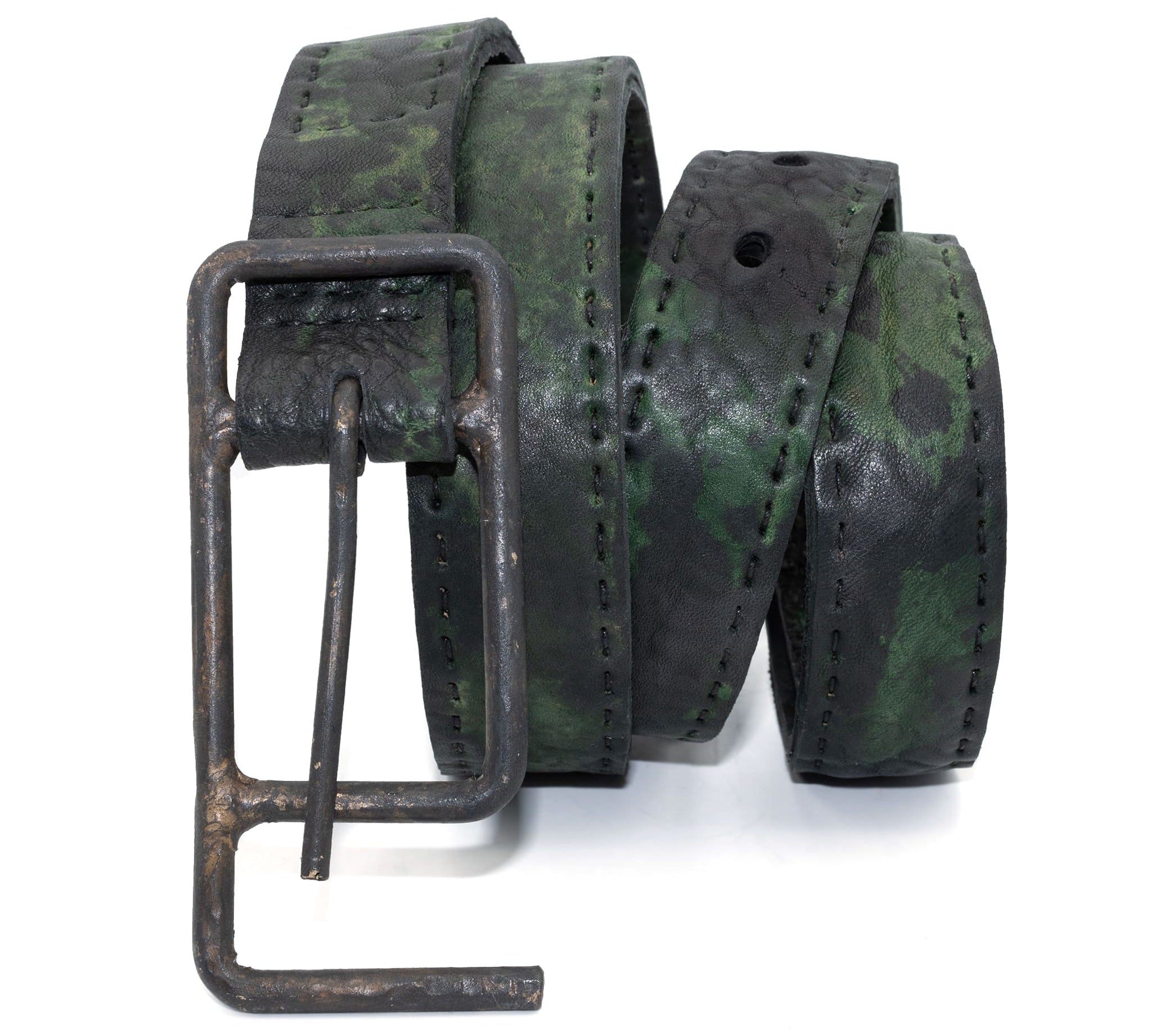 double layered full grain horse leather belt with a hand forged burnt bronze buckle, and a unique absinthe dyed treatment. expertly hand sewn by independent UK based designer atelier SKN.