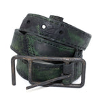 double layered full grain horse leather belt with a hand forged burnt bronze buckle, and a unique absinthe dyed treatment. expertly hand sewn by independent UK based designer atelier SKN.