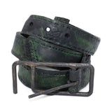 double layered full grain horse leather belt with a hand forged burnt bronze buckle, and a unique absinthe dyed treatment. expertly hand sewn by independent UK based designer atelier SKN.