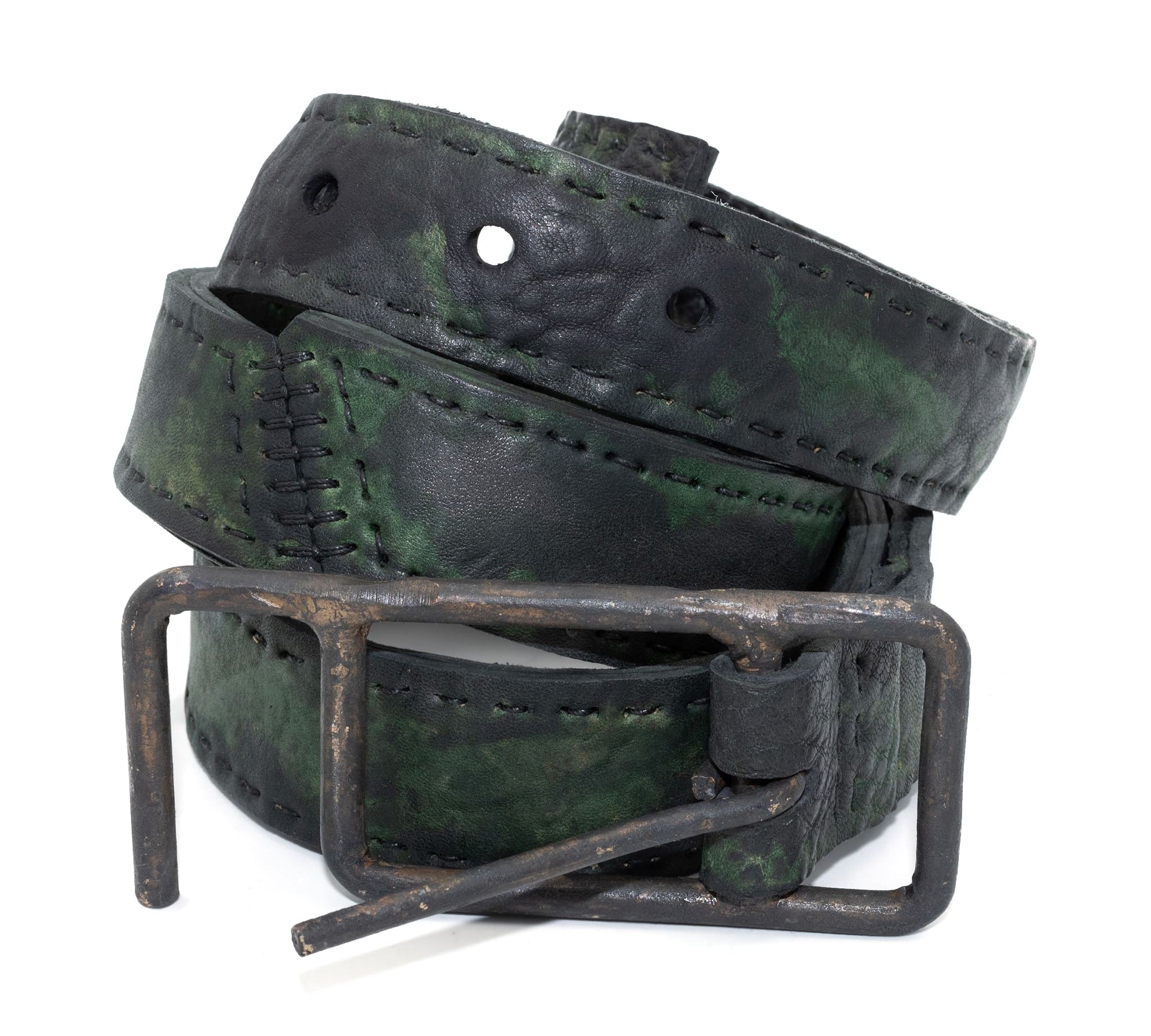 double layered full grain horse leather belt with a hand forged burnt bronze buckle, and a unique absinthe dyed treatment. expertly hand sewn by independent UK based designer atelier SKN.