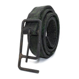 double layered full grain horse leather belt with a hand forged burnt bronze buckle, and a unique absinthe dyed treatment. expertly hand sewn by independent UK based designer atelier SKN.