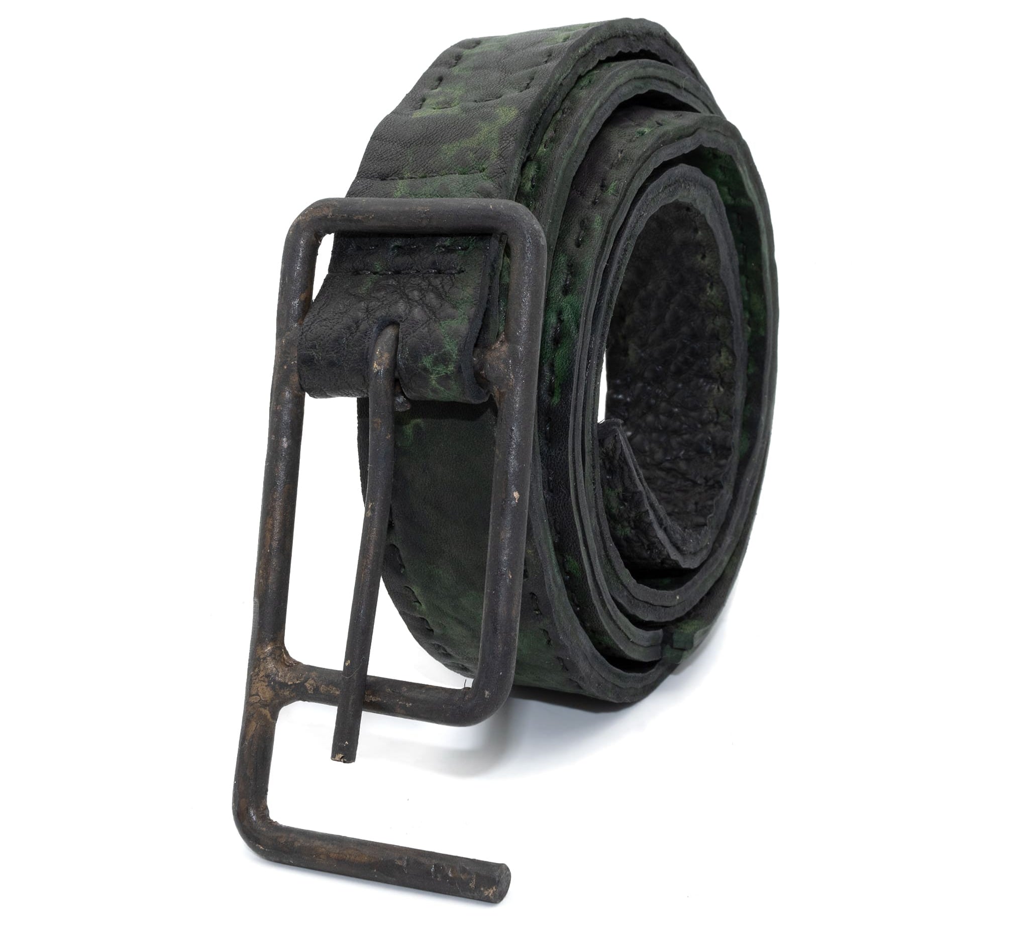 double layered full grain horse leather belt with a hand forged burnt bronze buckle, and a unique absinthe dyed treatment. expertly hand sewn by independent UK based designer atelier SKN.