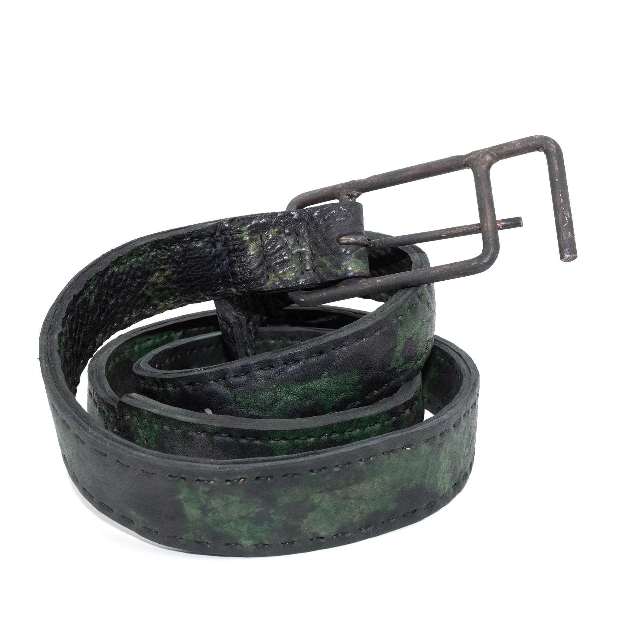 double layered full grain horse leather belt with a hand forged burnt bronze buckle, and a unique absinthe dyed treatment. expertly hand sewn by independent UK based designer atelier SKN.