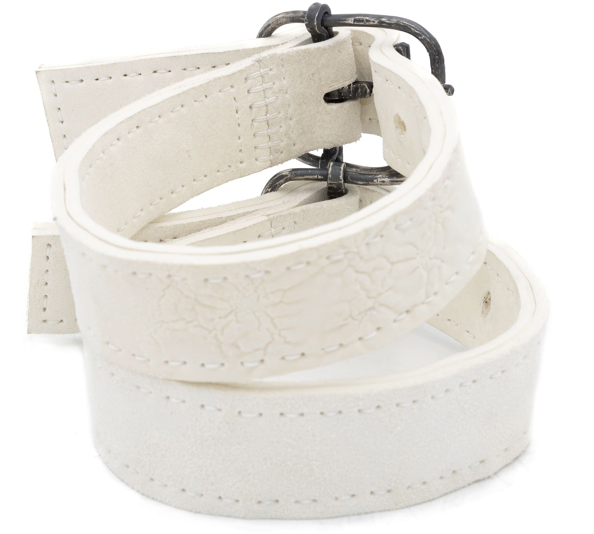 avant garde hand stitched horse culatta leather bicep belts, in a crushed bone finish. the arm cuffs feature a minimal silhouette with tonal japanese linen stitching and a hand forged .925 sterling silver buckle hardware. the arm belts are available to buy online from artisanal designer atelierskn.com 
