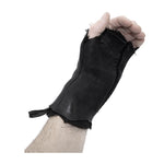 hand stitched over a 35hr period the washed cordovan gloves feature deconstructed open seam panels, hand forged solid .999 sterling silver button and a raw cut stone washed ramie lining. the gloves are available to buy online from avant garde leather studio atelierskn.com 