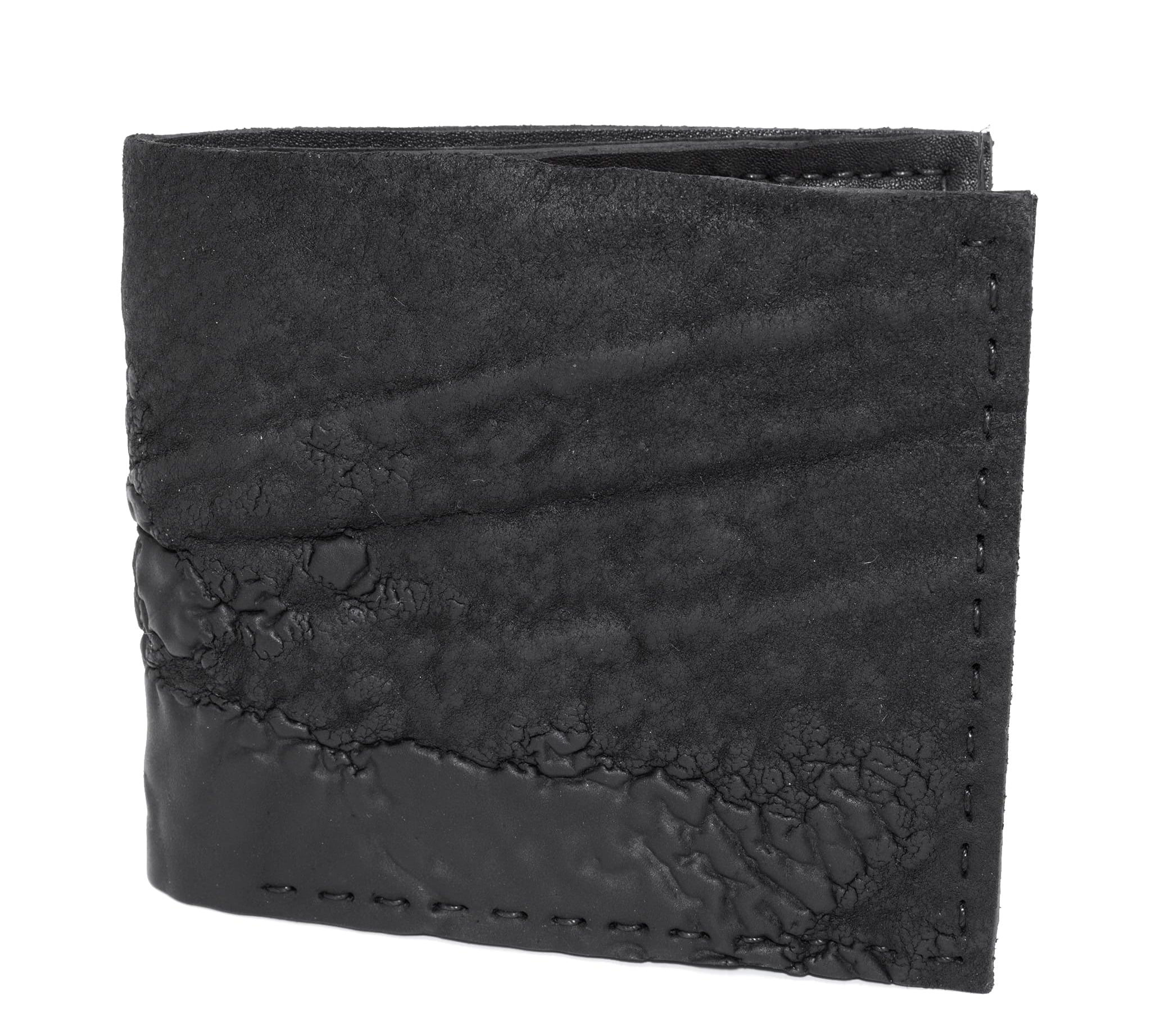 a closed seam 8 pocket bifold wallet crafted from a butter soft reverse culatta leather with a matte black object dyed finish. a riri zipper pocket is adorned with a hand forged solid .925sterling silver zipper pull available to buy online from artisanal leather studio atelierskn.com