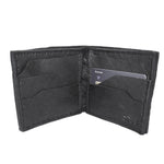 a closed seam 8 pocket bifold wallet crafted from a butter soft reverse culatta leather with a matte black object dyed finish. a riri zipper pocket is adorned with a hand forged solid .925sterling silver zipper pull available to buy online from artisanal leather studio atelierskn.com