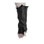 hand stitched over a 40hr period the washed culatta leather gloves feature deconstructed open seam panels, and a stone washed ramie lining. wet moulded on the body over an 8 hour period for a sculptured aesthetic. the gloves are available to buy online from avant garde leather studio atelierskn.com