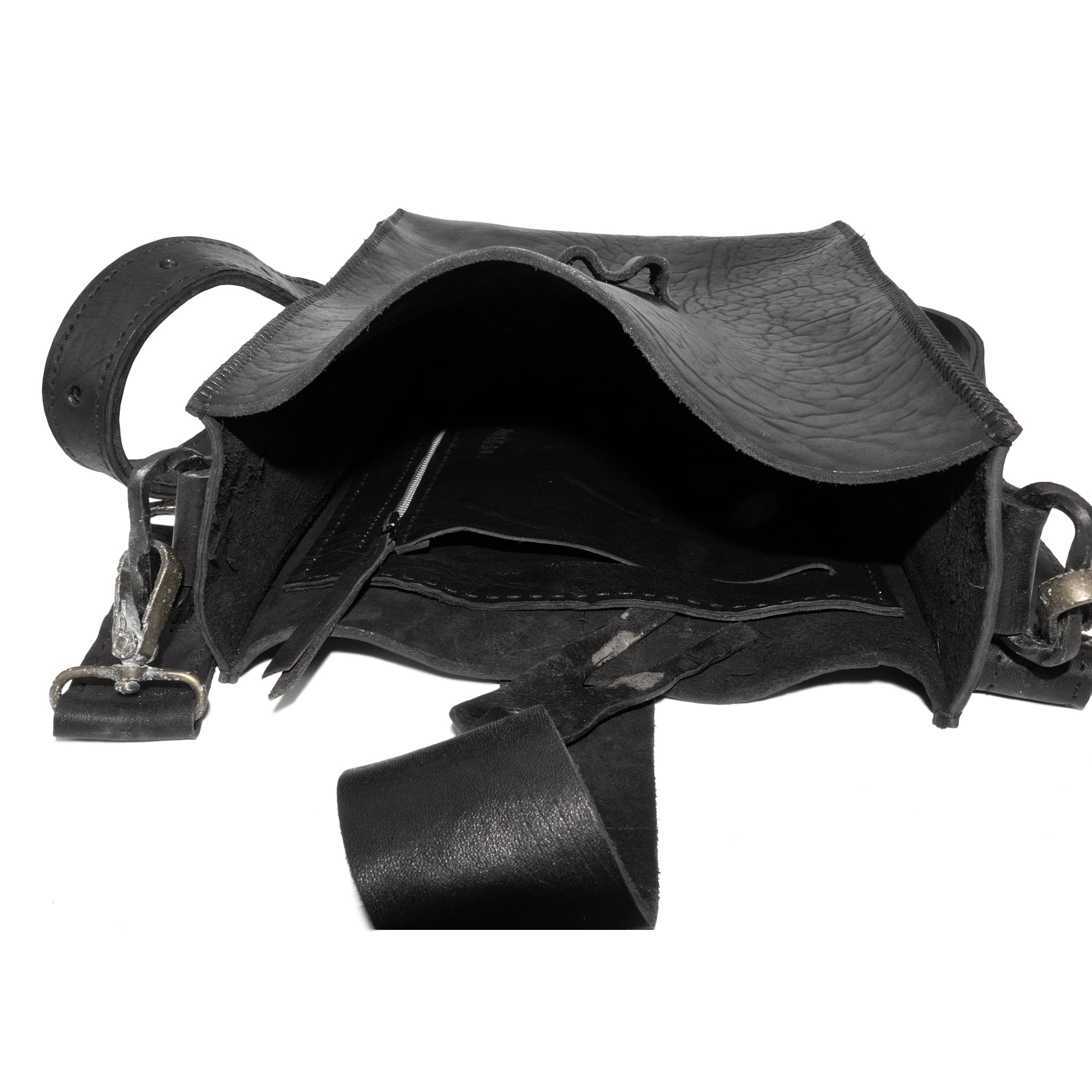 a multiple pocket matte black horse culatta leather shoulder bag with a detachable strap and custom hand forged iron hardware from independent designer atelier SKN.
