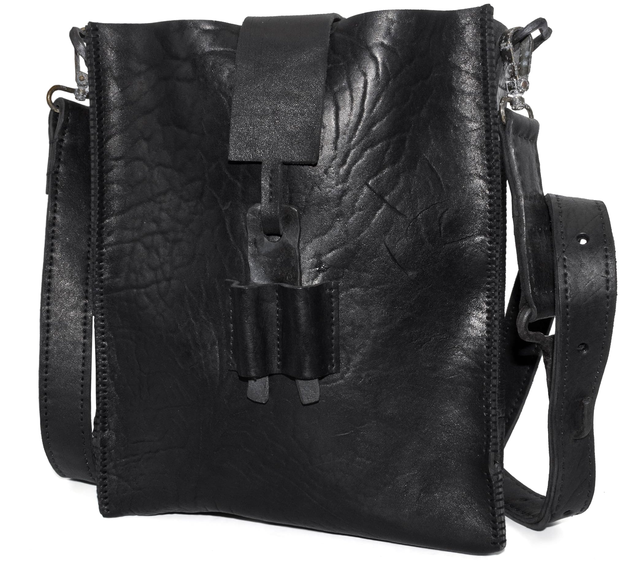 a multiple pocket matte black horse culatta leather shoulder bag with a detachable strap and custom hand forged iron hardware from independent designer atelier SKN.