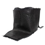 a matte black full grain horse culatta leather collar, meticulously hand stitched with an open seam construction. the scarf features a stonewashed ramie lining and riri zipper closures adorned with hand forged .925 sterling silver zipper pulls. available to buy online from avant garde leather studio atelierskn.com