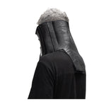 a matte black full grain horse culatta leather collar, meticulously hand stitched with an open seam construction. the scarf features a stonewashed ramie lining and riri zipper closures adorned with hand forged .925 sterling silver zipper pulls. available to buy online from avant garde leather studio atelierskn.com