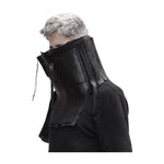 a matte black full grain horse culatta leather collar, meticulously hand stitched with an open seam construction. the scarf features a stonewashed ramie lining and riri zipper closures adorned with hand forged .925 sterling silver zipper pulls. available to buy online from avant garde leather studio atelierskn.com