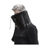 a matte black full grain horse culatta leather collar, meticulously hand stitched with an open seam construction. the scarf features a stonewashed ramie lining and riri zipper closures adorned with hand forged .925 sterling silver zipper pulls. available to buy online from avant garde leather studio atelierskn.com