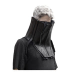 a matte black full grain horse culatta leather collar, meticulously hand stitched with an open seam construction. the scarf features a stonewashed ramie lining and riri zipper closures adorned with hand forged .925 sterling silver zipper pulls. available to buy online from avant garde leather studio atelierskn.com