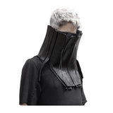 a matte black full grain horse culatta leather collar, meticulously hand stitched with an open seam construction. the scarf features a stonewashed ramie lining and riri zipper closures adorned with hand forged .925 sterling silver zipper pulls. available to buy online from avant garde leather studio atelierskn.com