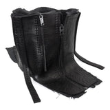 a matte black full grain horse culatta leather collar, meticulously hand stitched with an open seam construction. the scarf features a stonewashed ramie lining and riri zipper closures adorned with hand forged .925 sterling silver zipper pulls. available to buy online from avant garde leather studio atelierskn.com