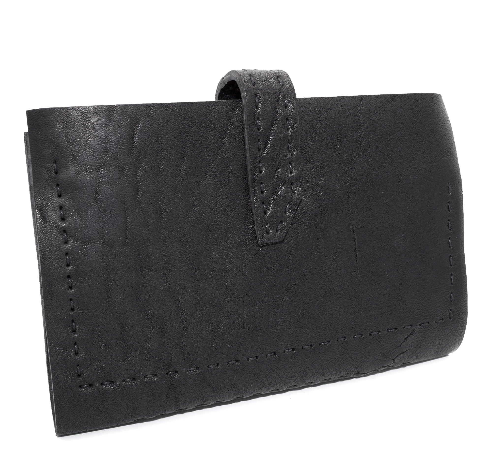 compact matte black horse leather wallet with a forged-iron shank closure and a zipper coin pocket, completely handmade in the UK by atelier SKN